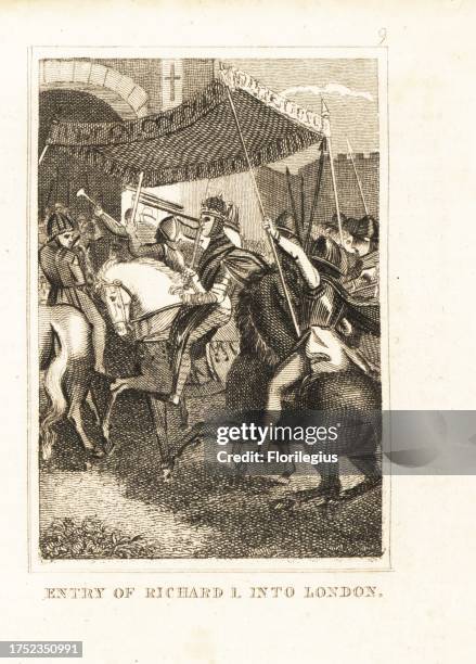 King Richard I the Lionheart of England in chainmail armour and crown, with sword drawn, enters London under a canopy held by four knights with...