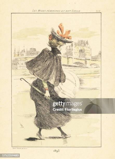 Fashionable woman promenading on the banks of the Seine, in front of the Bains de la Samaritaine, Paris, 1893. The hot baths were built in 1761 near...