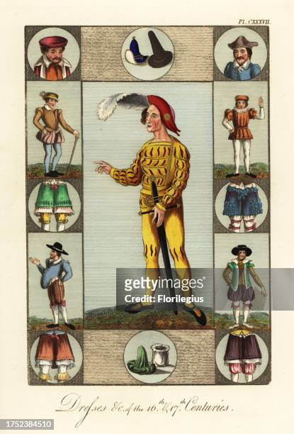 Man in makeup of lipstick and blusher wearing a yellow slashed doublet and hose with feather cap and sword from a painting in St. George's Chapel at...