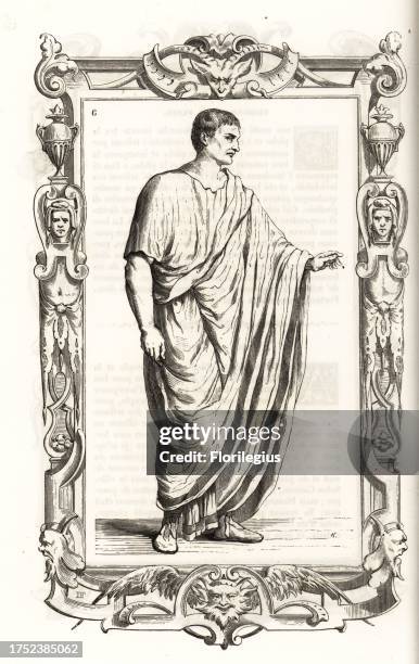 Costume of an ancient Roman patrician. Senators wore long toga and capes, and were clean shaven. Within a decorative frame engraved by H. Catenacci...
