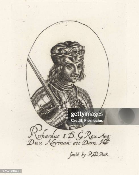 King Richard I of England, Duke of Normandy, 1157-1199. With crown and sword, in suit of plate armour. From William Faithorne's set of Kings. Sold by...