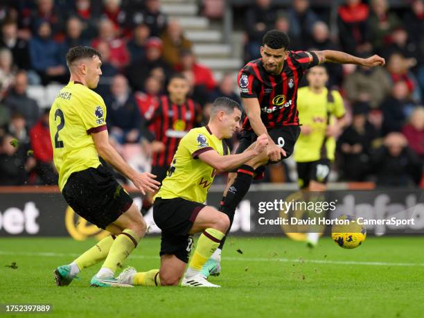 Bournemouth's Dominic Solanke shot at goal is blocked bu Burnley's Josh Cullen during the Premier League match between AFC Bournemouth and Burnley FC...