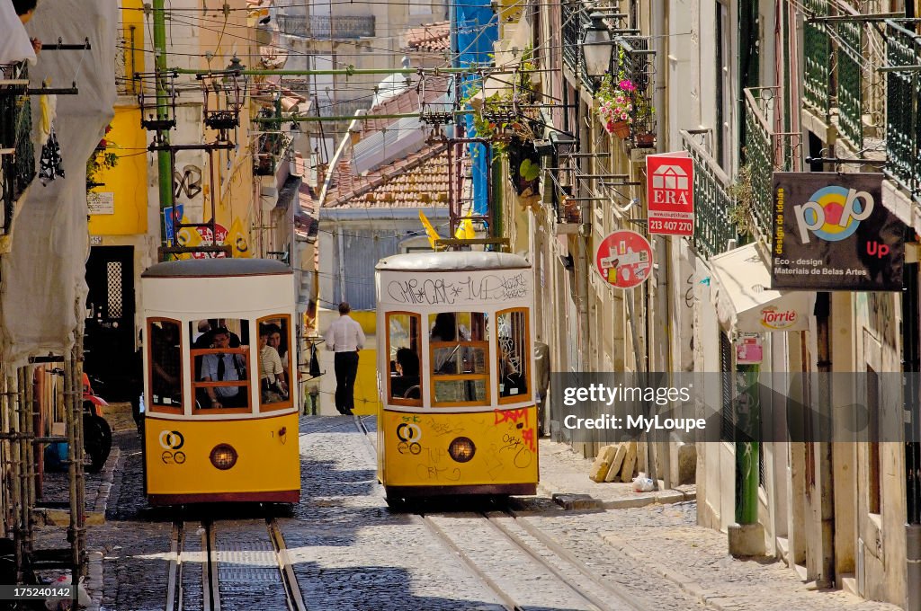 Lisbon, Elevador da Bica (Bica cable car), Bairro Alto, Rua da Bica de Duarte Belo, Portugal. Europe 