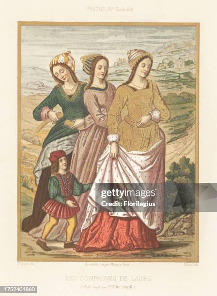 The companions of Laura. Three chaste women and a boy in French costumes of the late 15th century. Les compagnes de Laure, France, XVe siecle . Taken...