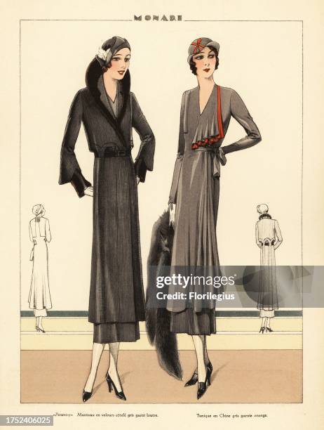Woman in Pensez-y velvet corduroy coat trimmed with otter. Fur Woman in tunic of grey crepe de Chine trimmed with orange. Marcel wave bob hairstyles...