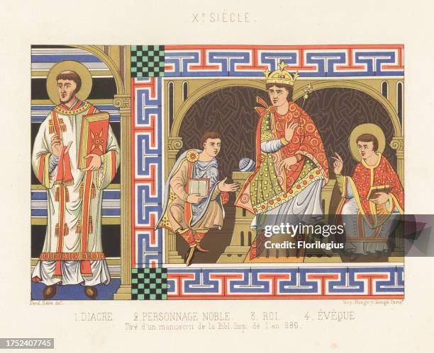 Royal and ecclesiastical costumes, 10th century. Deacon with Bible 1, nobleman 2, king with crown and sceptre 3, and bishop 4. Taken from a...