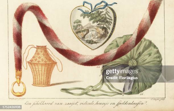 Fabric chain, wicker purse, embroidered ridicule and pincushion with ties. Handcoloured copperplate engraving by D. Sluyter after an illustration by...