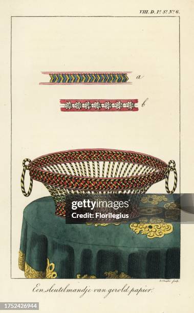 Basket made of rolled paper. Colour paper ribbons a,b. Handcoloured copperplate engraving by D. Sluyter after an illustration by Cornelis Borsteegh...