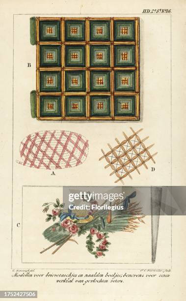 Patterns for letters and needle booklets, and a work bag in embroidered lace. Handcoloured copperplate engraving by F. C. Bierweiler after an...