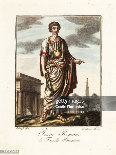 Young man from a Patrician family, ancient Rome. In a robe called a toga virilis or libera, with gold bulla hanging around his neck, yellow and red...