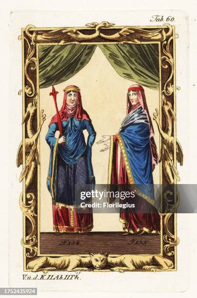 Norman noblewomen in frame decorated with mythical beasts. Norman woman wearing a surtout with long sleeves with pockets, veil and diadem, holding a...