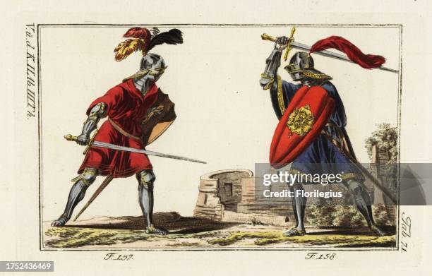 Two knights in suits of armor on foot fighting a duel with swords in a tourney. The knight at left wears a crimson tunic over his suit of armor, and...