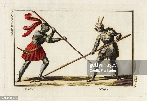 Two knights in armor on foot fighting a duel with lances in a tourney. The knight at left wears a crimson skirt over his suit of plate armor and has...
