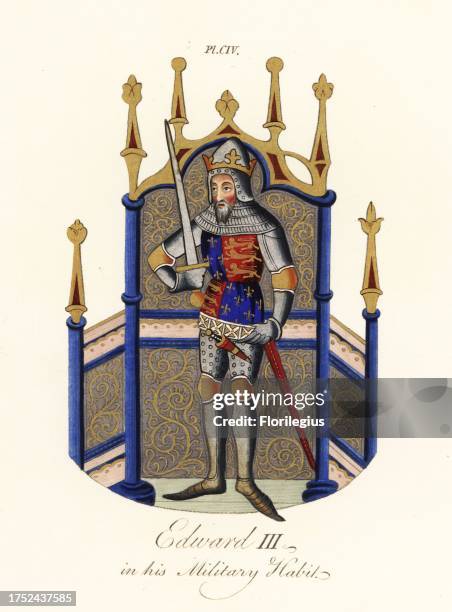 Edward III, King of England , stands with drawn sword, wearing a crown, helmet, suit of plate armour, chainmail hauberk, surcoat of the arms of...