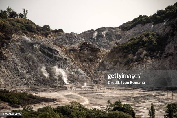 The general view of the fumaroles in the Solfatara area of Campi Flegrei on October 23, 2023 in Pozzuoli, Italy. The Campi Flegrei, a large dormant...