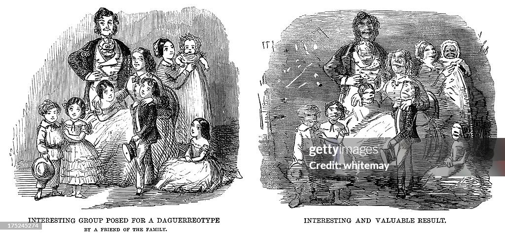 Famille posant pour un Daguerrotype et le résultat
