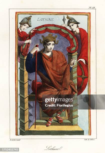 Lothair I or Lothar I , Emperor of the Romans, governor of Bavaria, King of Italy and Middle Francia. On a throne with crown, staff and mantle....