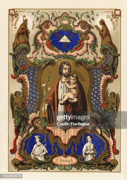 Portrait of Saint Joseph with the infant Jesus, within a decorative border. Vignettes of Saint Patrick, Bishop of Armagh, Saint Matilda of...