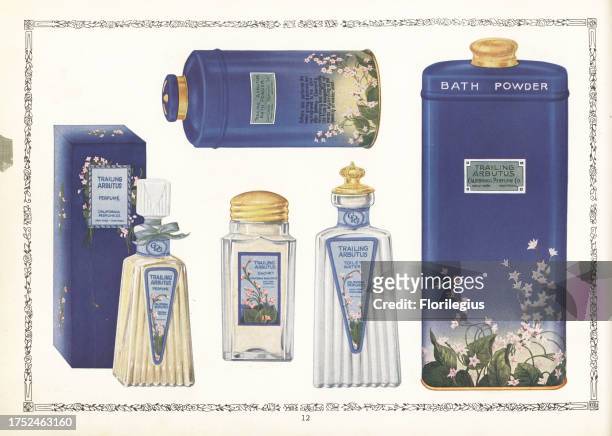 Trailing Arbutus brand cosmetics from CPC, 1926. Flacon of perfume with box, bottle of Sachet Powder fragrance, bottle of toilet water or eau de...