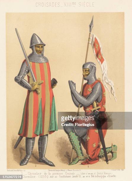 Kneeling knight from the First Crusade, from a manuscript in the British Museum, and standing knight from the Constitutiones Jacobi II Bibliotheque...