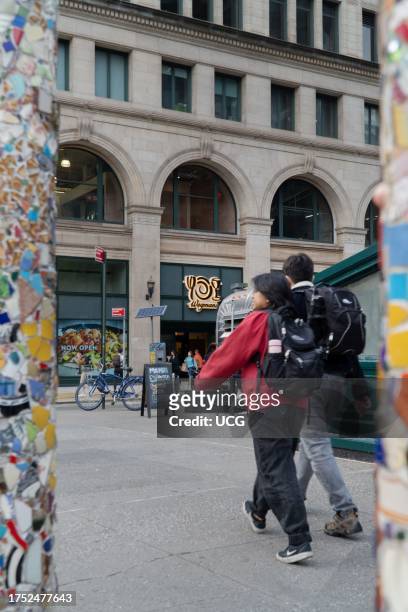 Window and the entrance to Wegmans Astor Place store is framed by two colorful art poles, partially seen left and right, created by Mosaic Man, also...