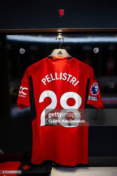 General View of the shirt of Facundo Pellistri of Manchester United in the home dressing room prior to the Premier League match between Manchester...