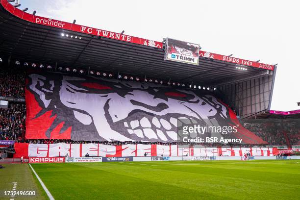 Fans of FC Twente with a big banner all over the stands during the Dutch Eredivisie match between FC Twente and Feyenoord at De Grolsch Veste on...