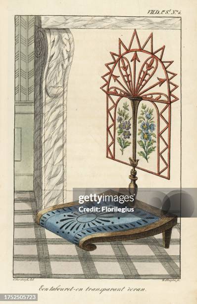 Tabouret or low stool with transparent screen decorated with embroidered flowers. Handcoloured copperplate engraving by D. Sluyter after an...