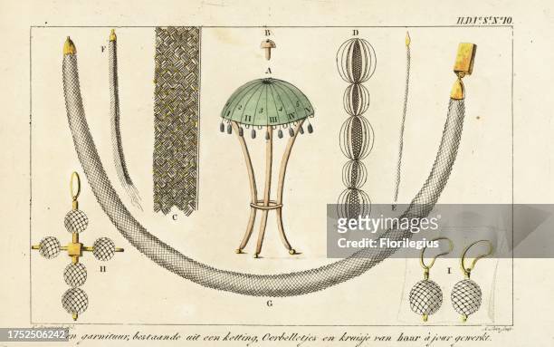 Necklace, earrings and a cross in woven human hair. Handcoloured copperplate engraving by A. Lutz after an illustration by Cornelis Borsteegh from...