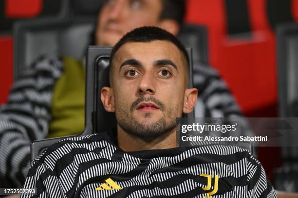 Mattia Perin of Juventus looks on during the Serie A TIM match between AC Milan and Juventus at Stadio Giuseppe Meazza on October 22, 2023 in Milan,...