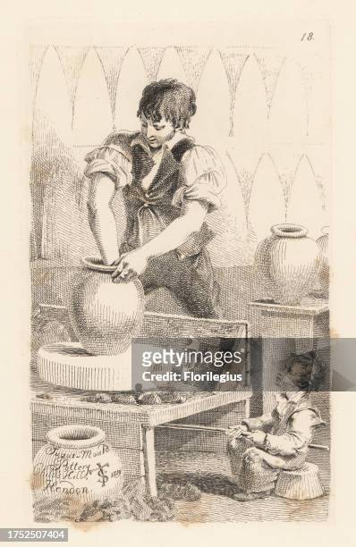 Potter making a sugar-mould while a boy turns the wheel. The moulds are used by sugar bakers to make sugar loaves. Drawn from life at a sugar-mould...