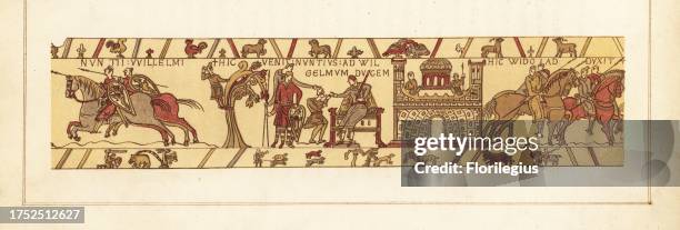 Mounted messengers from Duke William of Normandy racing to Count Guy I of Ponthieu, and William on his throne receiving a Saxon messenger in his...