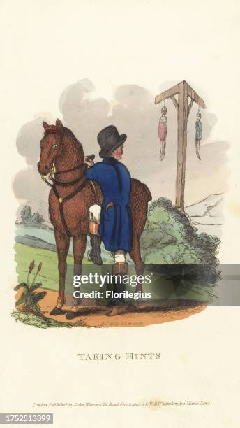 English gentleman looking at two corpses hanging from a gibbet, Regency era. Tom Takeall about to mount a horse near a gallows with two hanged men....