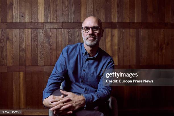 Writer and producer Jesse Armstrong poses for Europa Press at the Hotel H10 Puerta de Alcala on October 23 in Madrid, Spain. Jesse Armstrong is the...
