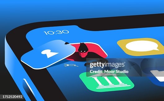 Hacker saliendo de la ilustración vectorial de la aplicación del teléfono inteligente Hacker saliendo de la ilustración vectorial de la aplicación del teléfono inteligente