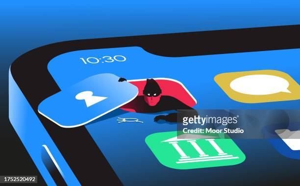 ilustraciones, imágenes clip art, dibujos animados e iconos de stock de hacker saliendo de la ilustración vectorial de la aplicación del teléfono inteligente - falso