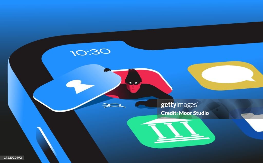 Pirate informatique sortant de l’illustration vectorielle de l’application pour smartphone