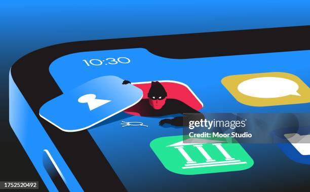 hacker getting out of the smartphone app vector illustration - corporate theft 幅插畫檔、美工圖案、卡通及圖標