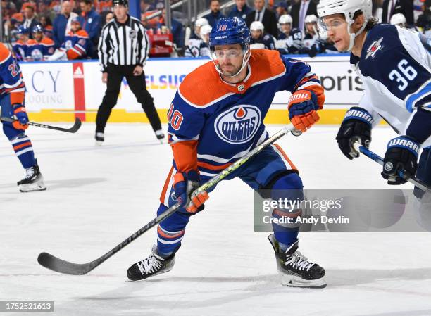 Derek Ryan of the Edmonton Oilers skates during the game against the Winnipeg Jets at Rogers Place on October 21 in Edmonton, Alberta, Canada.