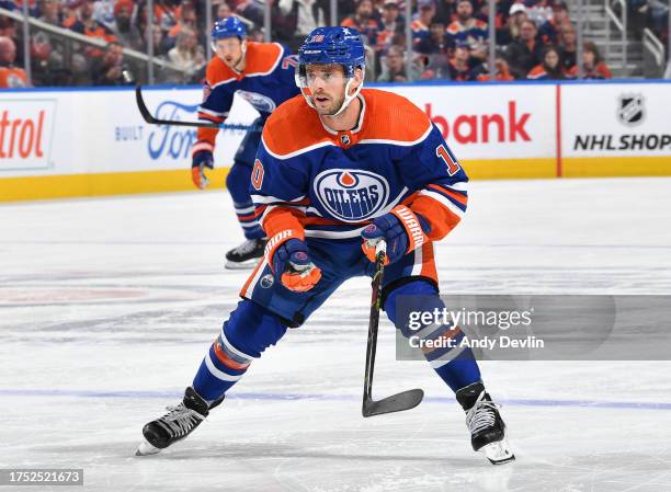 Derek Ryan of the Edmonton Oilers skates during the game against the Winnipeg Jets at Rogers Place on October 21 in Edmonton, Alberta, Canada.