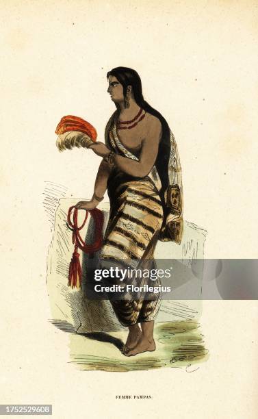 Woman of the Pampas lowlands, Argentina. She wears a dress of striped fabrics, necklace and earrings, and carries a feather fan and cord or lasso....