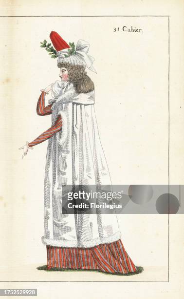Woman in bonnet of red satin and white gauze with oak sprig, hair in pressed ringlets, white satin fur-lined pelisse, striped violet and marigold...
