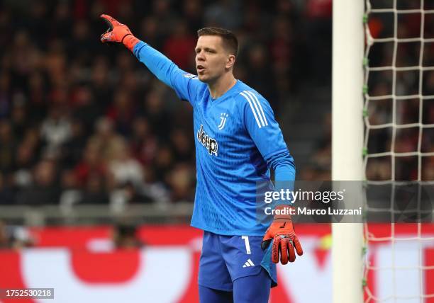 Wojciech Szczesny of Juventus FC gestures during the Serie A TIM match between AC Milan and Juventus FC at Stadio Giuseppe Meazza on October 22, 2023...