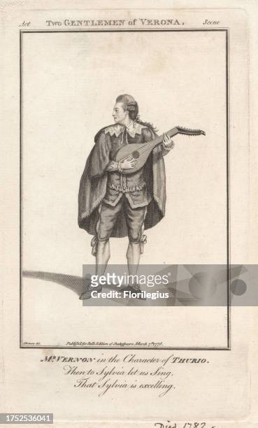 Mr. Vernon in the character of Thurio in William Shakespeare's Two Gentlemen of Verona, a revival at Drury Lane Theatre, 1762. In cloak, waistcoat,...