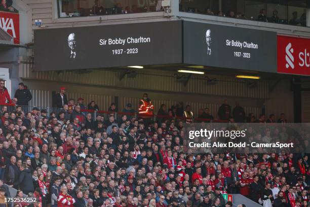 Tribute is made to the late Bobby Charlton during the Premier League match between Liverpool FC and Nottingham Forest at Anfield on October 29, 2023...