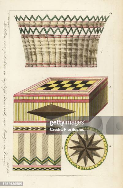 Patterns for basket, box and mat in woven straw. Handcoloured copperplate engraving by A. Lutz after an illustration by Cornelis Borsteegh from Anna...