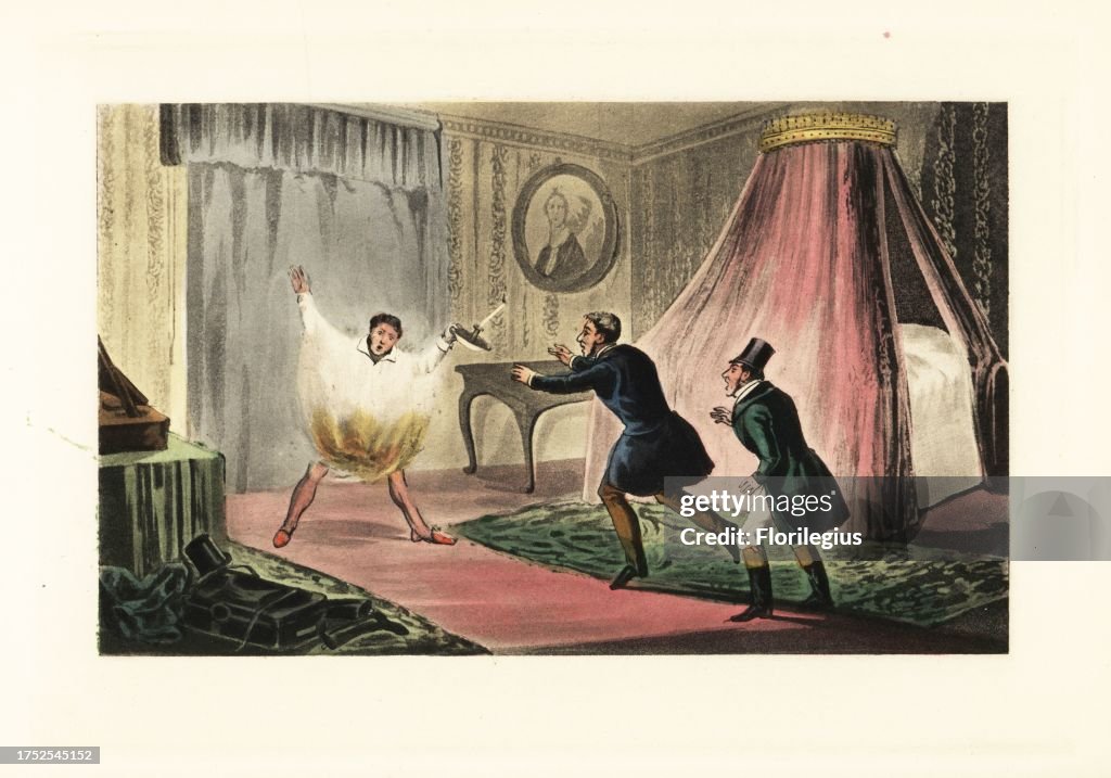 English gentleman lighting his nightshirt on fire with a candle