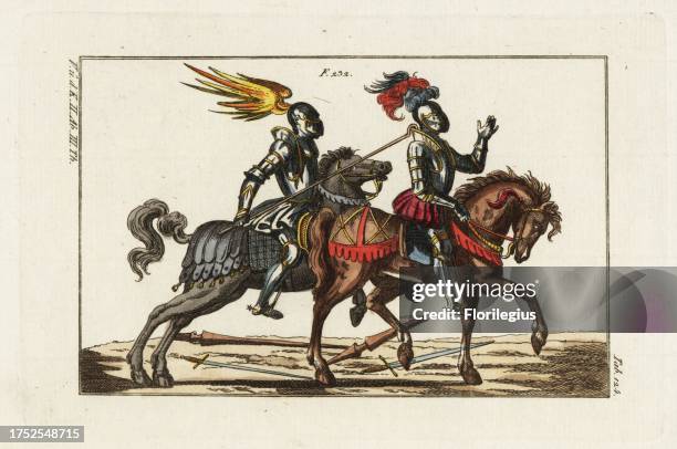 Two mounted knights in armor in a tournament duel with a hook 232. Swords and lances litter the ground, as one knight uses a long metal hook to snag...