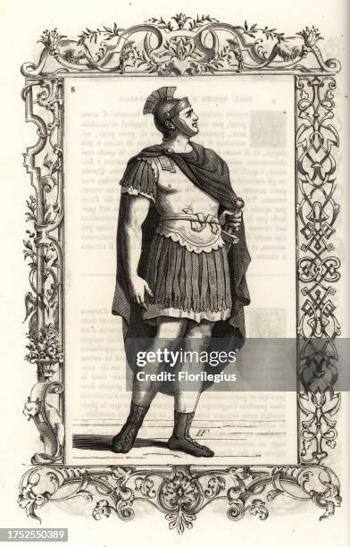 Costume of an ancient Roman infantryman. The centurion wears a leather helmet and breastplate, cape, sword and sandals. Within a decorative frame...