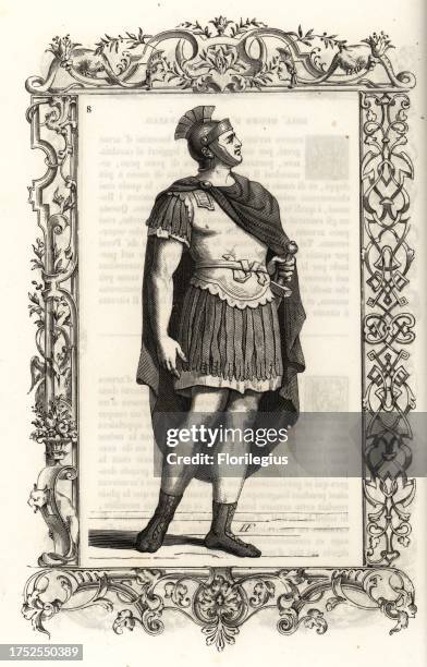 Costume of an ancient Roman infantryman. The centurion wears a leather helmet and breastplate, cape, sword and sandals. Within a decorative frame...